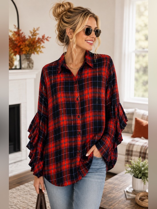 EST 1946 Tops - EST. 1946 Red Plaid Ruffle Sleeve Button Down Blouse Fall Chic Size L